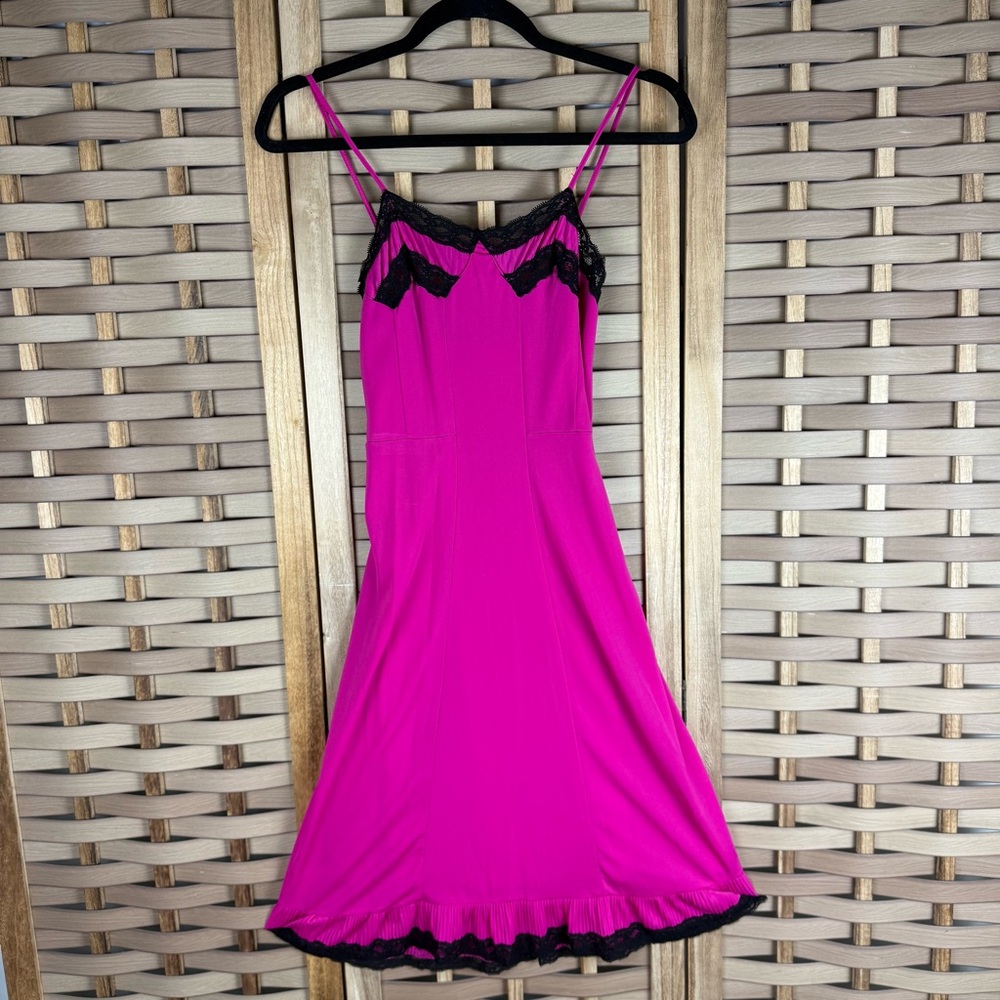 JEAN PAUL GAULTIER x Target Nylon Fuchsia Pleated Black Lace Midi Slip Dress